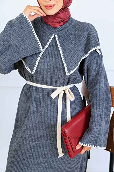benguen Collar Detailed Knitwear Dress K3036 Anthracite