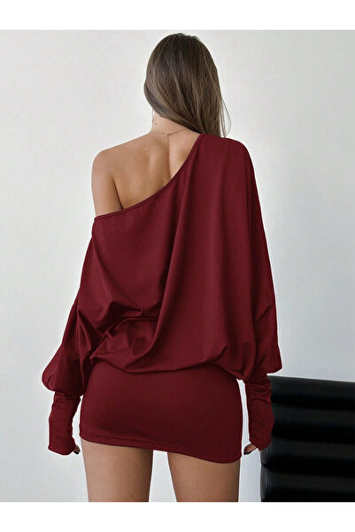 Machetta Women's Off-The-Shoulder Boat Neck Asymmetrical Neckline Long Sleeve Tight Mini Chic Dress