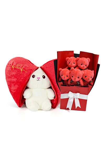 Özgüner Oyuncak Love-Filled Gift – Plush Rabbit with Heart and Mini Plush Teddy Bears Gift Set