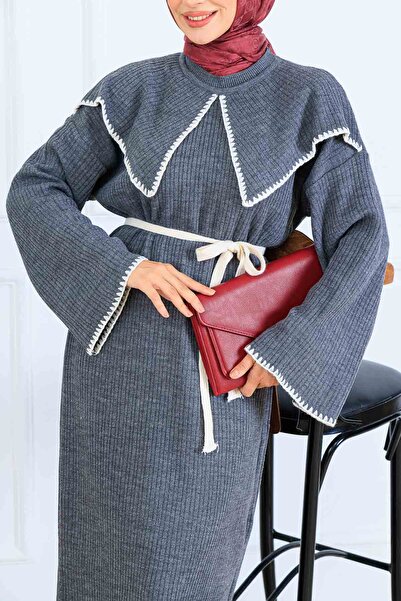 benguen Collar Detailed Knitwear Dress K3036 Anthracite