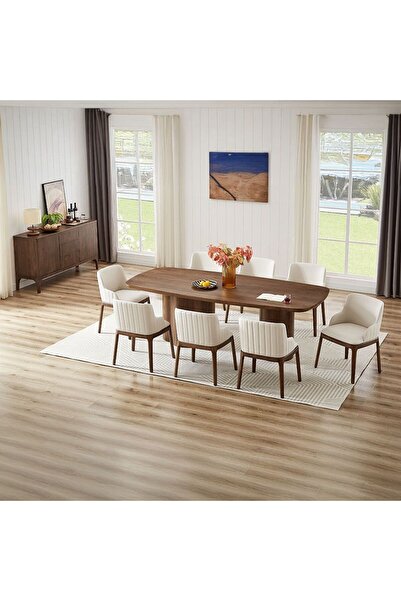 Danube Home طقم طعام رورفيك ١+٨ - لون الجوز/البيج - طاولة وكراسي من الخشب اله...