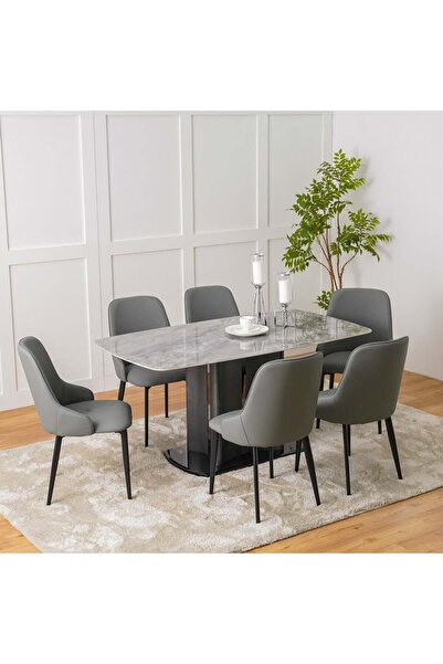 Danube Home طقم طعام كاساندرا (1+6 مقاعد) - رخام ورمادي - أنيق، متين، ضمان لم...