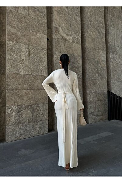 MODAMERSİ Γυναικείο Λευκό Ισπανικό Πλεκτό Φόρεμα με Αυτοκορδόνι