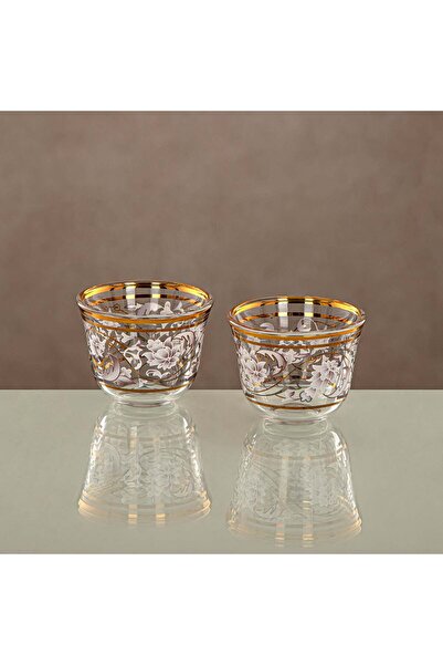 Radin Almarjan Arabic Coffee Set 6 Pieces, Glass, Clear & Golden Pattern (1013 B-ZQDL) - Family Gatherings