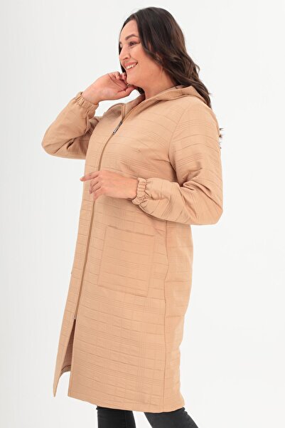 Metpoint Trend42plus Büyük Kareli Desen Fermuarlı Bej Kap