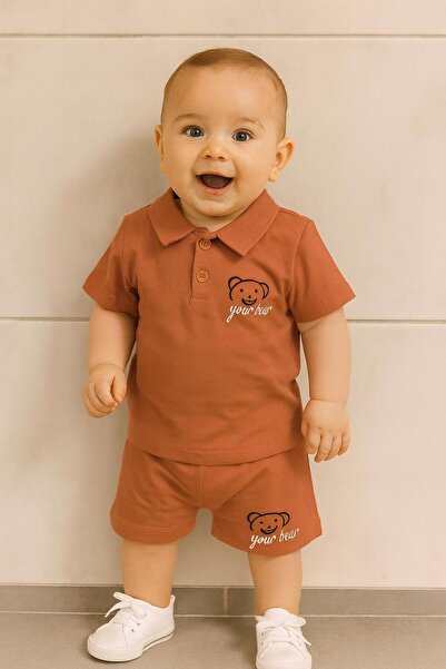 RAPAPA Brown'Your Bear' Embroidered Polo Neck Shorts Baby Set - Summer 2-Piece Set 1109 K