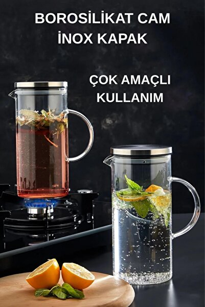 İLİVA Çelik Kapaklı Vakumlu Borosilikat Cam Yağlık Sirkelik Sütlük Sürahi 1500 ml