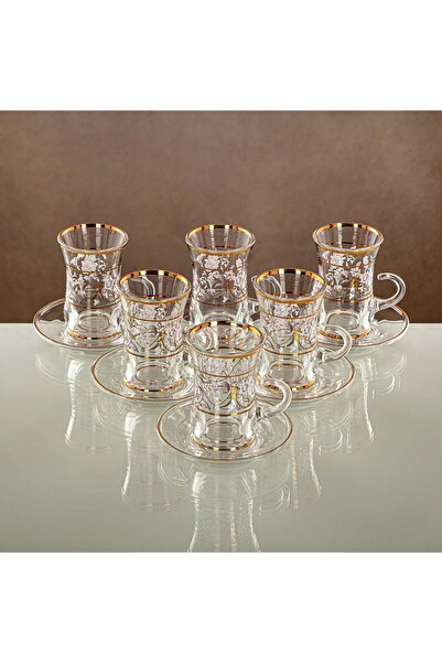 Radin Almarjan Tea & Coffee Set 18 Pieces, Glass, Clear & Golden Pattern (18 PCS SET-ZQDL) - Family Gather