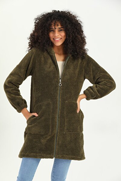 MARMARA FIRSAT Plus Size Zippered Women's Khaki Long Fleece Cardigan