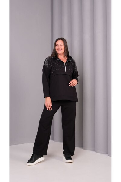 Esina Women's Two Thread Pipe Leg Hooded Tracksuit Set with Stone Detailing