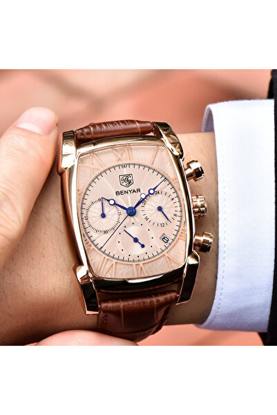 Benyar Ανδρικό Ρολόι Classic Elegant με Δερμάτινο Λουράκι Quartz και Αναλογικό Ροζέ