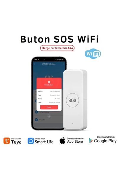 PRIMEDEO Buton SOS de Panica Inteligent pentru varstnici, Aplicatie Smart Tuya, Notificare instant pe telefon