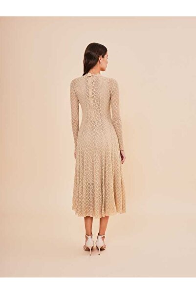 SERPİL Zarif Dantel Detaylı Uzun Kollu Midi Elbise 51210