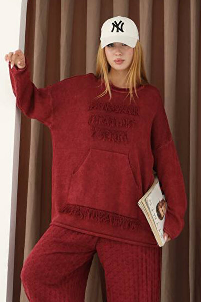 AYASOFYA OTANTIK Pulover de damă, bordeaux, cu gât rotund, cu detaliu cu ciuc...