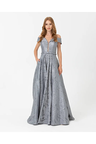 ILMIO Belted Open Shoulder Jacquard Evening Dress