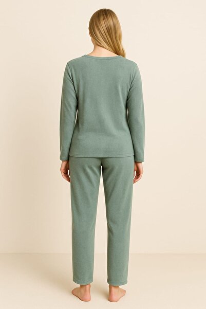 enmodaiçgiyim Mint Green Striped Women's Pajama Set – Long Sleeve, Comfortable Fit, Soft Fabric, Stretchy