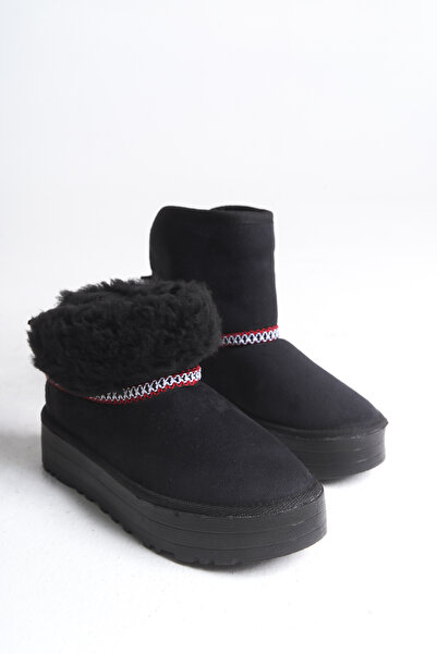 LUFENS Nova Kadın Kışlık Kalın Taban İçi Kürklü Süet Siyah Katlanır Bot