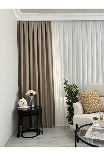 BNR HOME STORE Bnr Home Bej rengi 1/3 Kanun Boru Pileli Keten Fon Perde 1.kal...