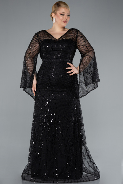 Abiyefon Siyah Uzun Kol V Yaka Taşlı Büyük Beden Abiye ABU4822