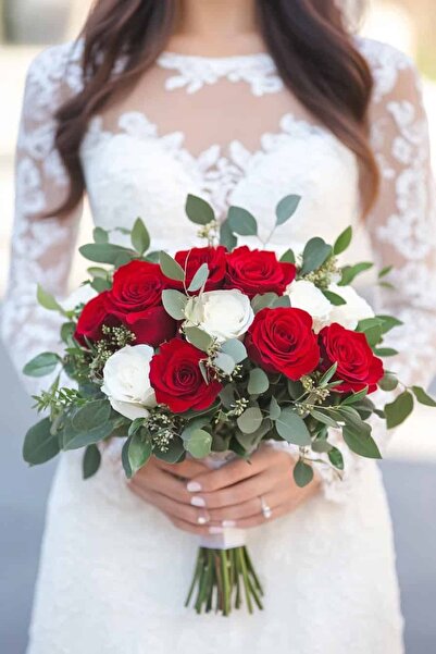 Diana Accessory KIRMIZI VE BEYAZ GÜL GELİN BUKETİ EN ÖZEL GÜNÜNÜZE ÖZEL 15 ADET