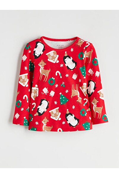 LC Waikiki طقم بيجامة للفتيات الصغيرات بتصميم عيد الميلاد برقبة دائرية (W5)