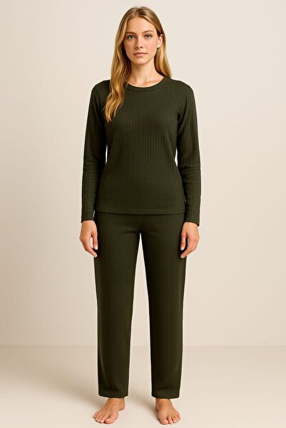 enmodaiçgiyim Set de pijamale pentru femei cu dungi verde kaki – mânecă lungă, potrivire confortabilă, țesătură moale, elastică