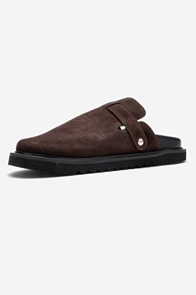 LuviShoes Γυναικείες παντόφλες με κλειστά δάχτυλα VESTA από γνήσιο δέρμα με καφέ σουέντ αγκράφα