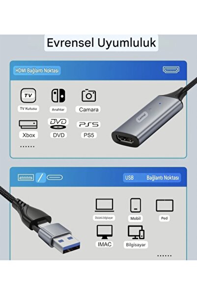 lemorele Görüntü Yakalama Kartı 1080P/60Hz HDMI Video Canlı Yayın Capture Card Usb Ve Type-C Giriş CE Lisans