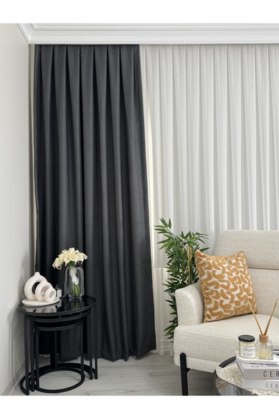 BNR HOME STORE Bnr Home Antrasit rengi 1/3 Kanun Boru Pileli Keten Fon Perde ...