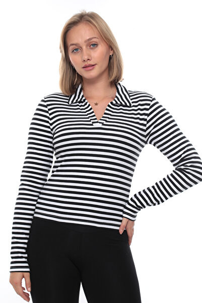 Lumessa Black and White Striped Polo Neck Long Sleeve 2333Lms