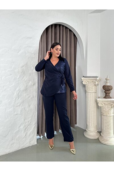 rotop Elegant outfit, Tamara, navy blue color, wrap blouse and sequin details
