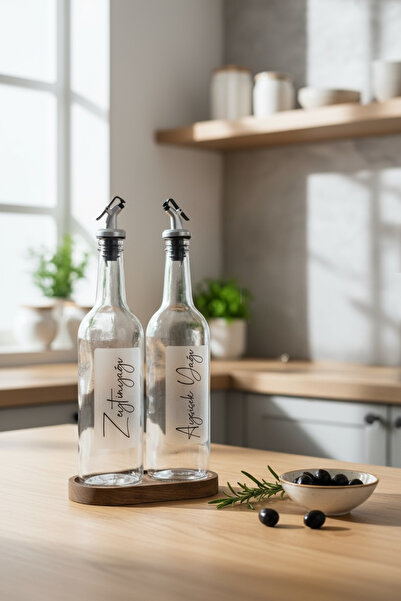 zezedesing 2-Piece Olive Oil and Sunflower Oil Bottle with Wooden Stand Transparent Oil Pot Oil Dispenser 750 ml (Silver)