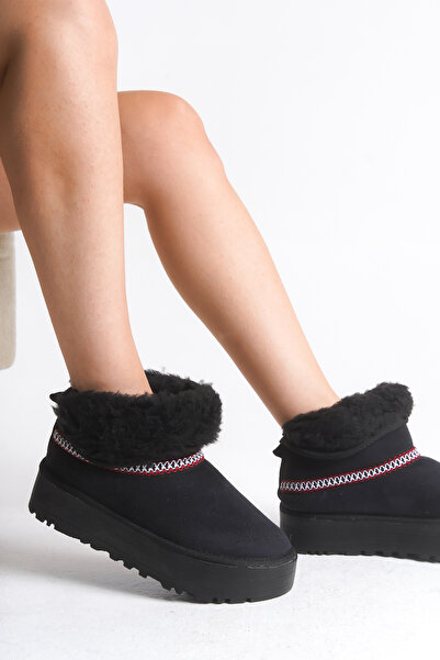 LUFENS Nova Kadın Kışlık Kalın Taban İçi Kürklü Süet Siyah Katlanır Bot