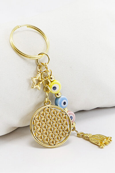 biuti سلسلة مفاتيح من الخرز السيراميكي الملون على شكل زهرة الحياة الذهبية، زي...