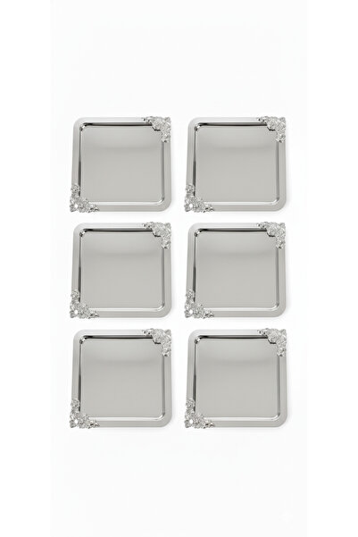 farklı evim 6'lı Lüks Sunum Tepsisi Seti | Gümüş Kaplama Çiçek Detaylı Kare Çay Kahve İkram Tepsisi 21x21 cm