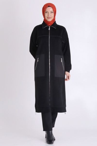 behrem Önden Fermuarlı Kadife Kumaş Büyük Beden Tesettür Kap 25137 Siyah