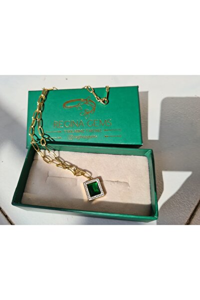 Regina Gems Zümrüt Taş Detaylı Altın Renk Zincir Kolye – Zarif Dikdörtgen Taş...