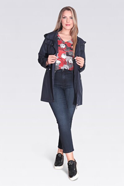 TOLGA SARAÇOĞLU 60131 LACİVERT DEMONTE KAPÜŞON DEVRİK YAKA RAHAT KESİM TRENÇKOT