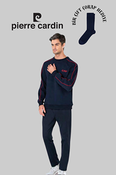 Pierre Cardin Erkek Lacivert Pamuklu Bisiklet Yaka Eşofman Takımı 1 Çift Çorap Hediye