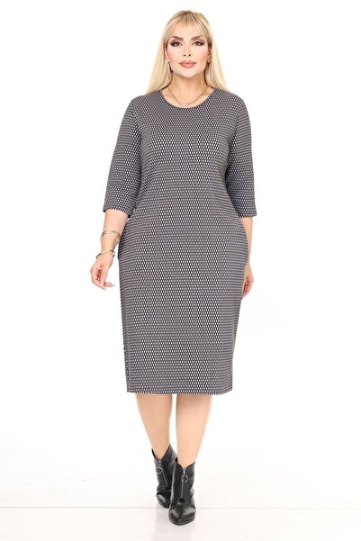 modayız Double Pocket Patterned Stretchy Winter Plus Size Midi Dress 22D-2714