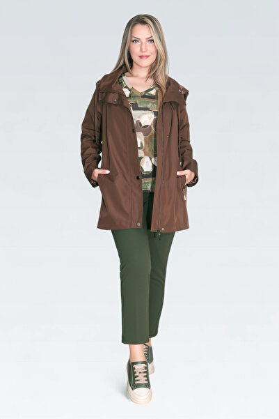 TOLGA SARAÇOĞLU 60131 KAHVERENGİ DEMONTE KAPÜŞON DEVRİK YAKA RAHAT KESİM TRENÇKOT