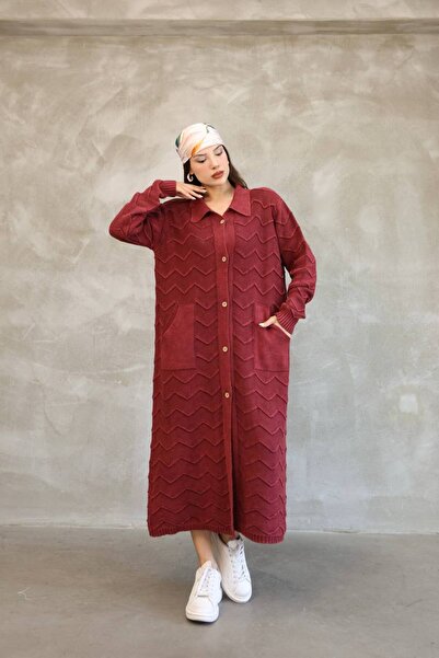 AYASOFYA OTANTIK Women's Burgundy Shirt Collar Button Closure Pocketed Vintage Loose Cotton Knitwear Long Cardigan Cap