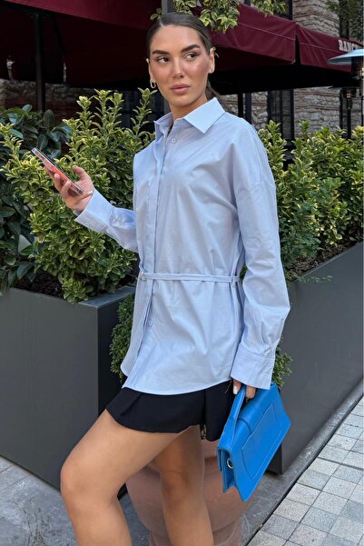 Madmext Mavi Kemer Detaylı Oversize Kadın Gömlek MG2585
