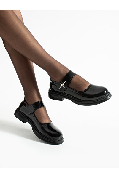 ALEMDAR AYAKKABI Clash Black Patent Leather Velcro Women's Loafer with Hard Hat