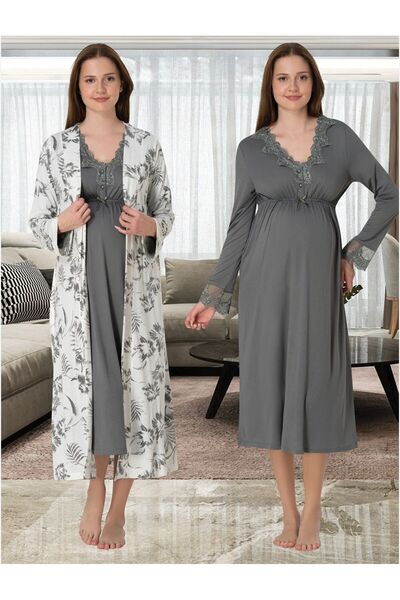 Lohusa Homewear Set de 2 cămăși de noapte pentru maternitate, cu mânecă lungă...