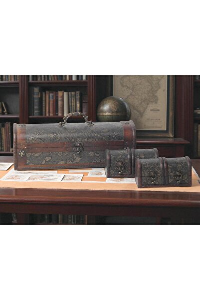 e-life shop Lüks İşlemeli Vintage Eskitme Tasarımlı 3lü Sandık Çok Amaçlı Tak...