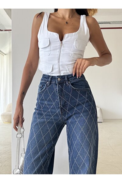 LOS FECHKA Kadın Mavi Renk Taş Detaylı Palazzo Pantolon