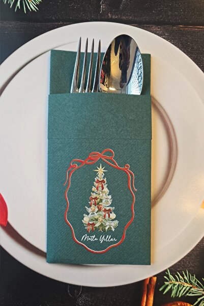 PEKSHOP مناديل عيد الميلاد مطبوعة بنقش شجرة عيد الميلاد مع تفاصيل فيونكة خضرا...