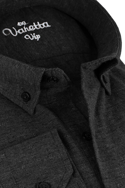 Varetta Plus Size Men's Black Winter Wool Shirt – Wide Cut Flannel Model with Pockets