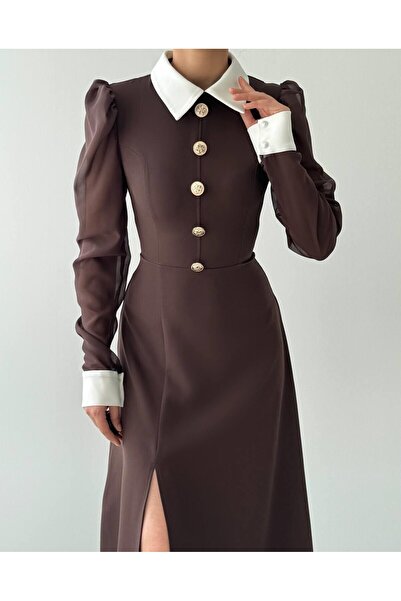 Julidress Кавові рукави, тюлеві ґудзики та розрізи на сукні преміум-класу